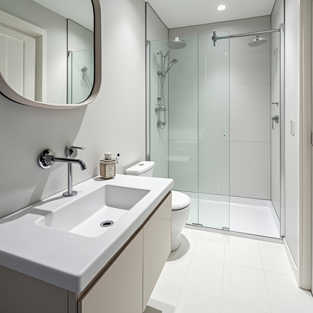 a pristine newly designed bathroom with sanitary equipment like a modern sink toilet and shower ins 1pcfe9elqbd3t8nudjku 0