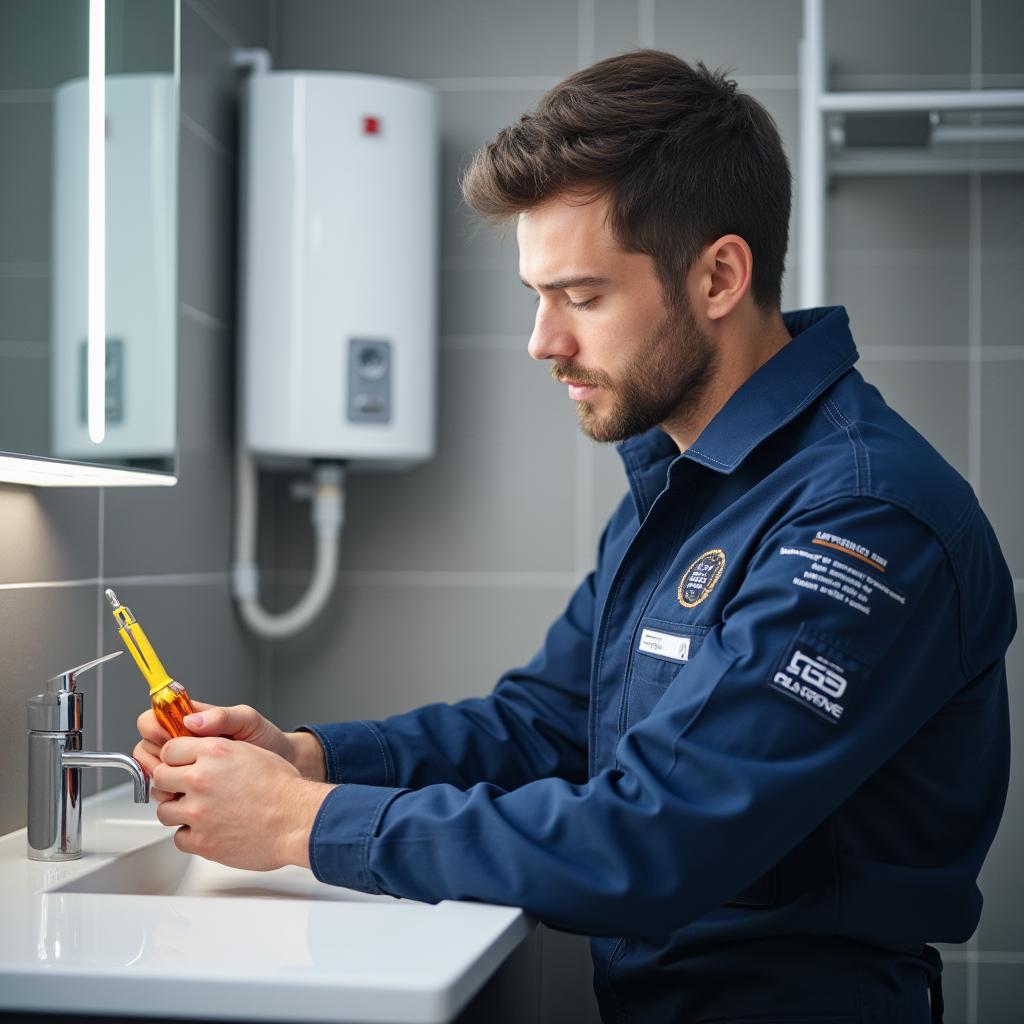 un plombier professionnel en uniforme travaillant dans une salle de bain moderne il inspecte un tuy 2atvh5pfn3d0jsti3i6y 1